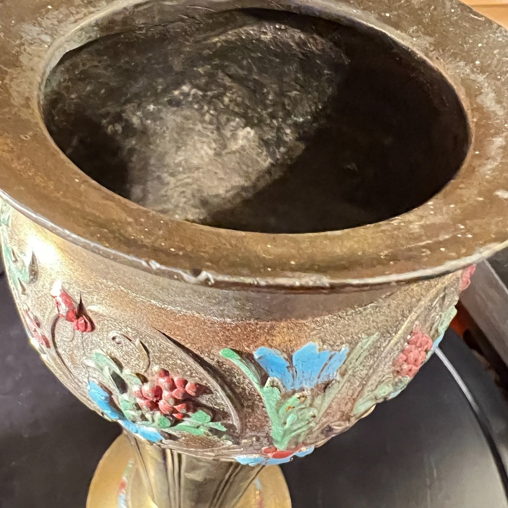 Vintage Etched Brass & Enamel Floral Vase Boho Decor 9.5 Inch Tall - Picture 6 of 15